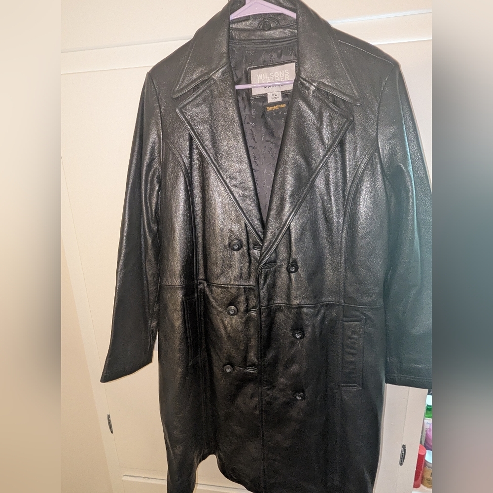 Wilsons Leather Double-Breasted Black Trench Coat